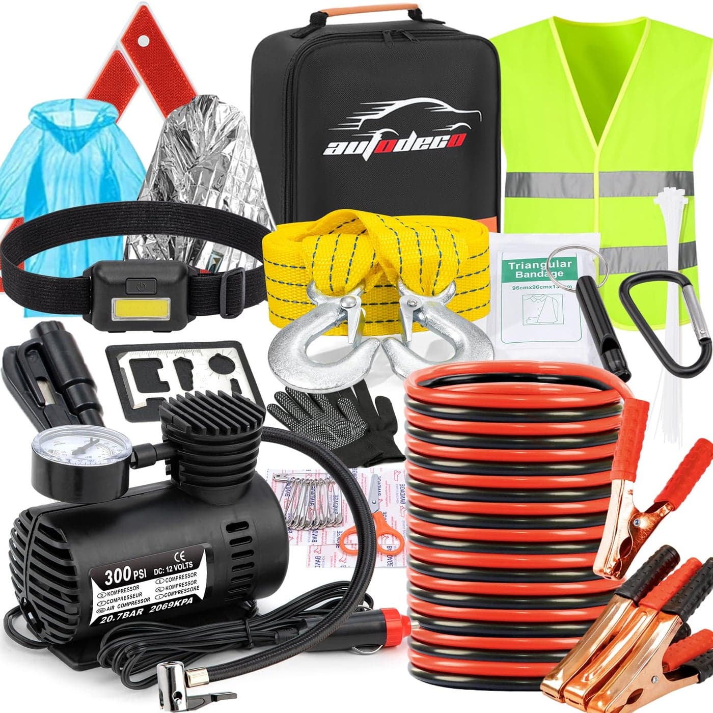 AUTODECO Car Roadside Emergency Kit Car Safety Kit Portable Vehicle Kits for Emergency with Jumper Cables Tow Straps Safety Hammer Black
