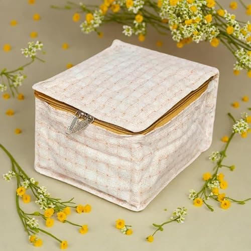 Kuber Industries Jewellery Storage Bag | Check Design PVC Laminated Makeup Pouch | Square Travel Kit with 10 Tranasparent Pouches | Bag for Necklace-Bracelet-Earing-Bangles | Golden
