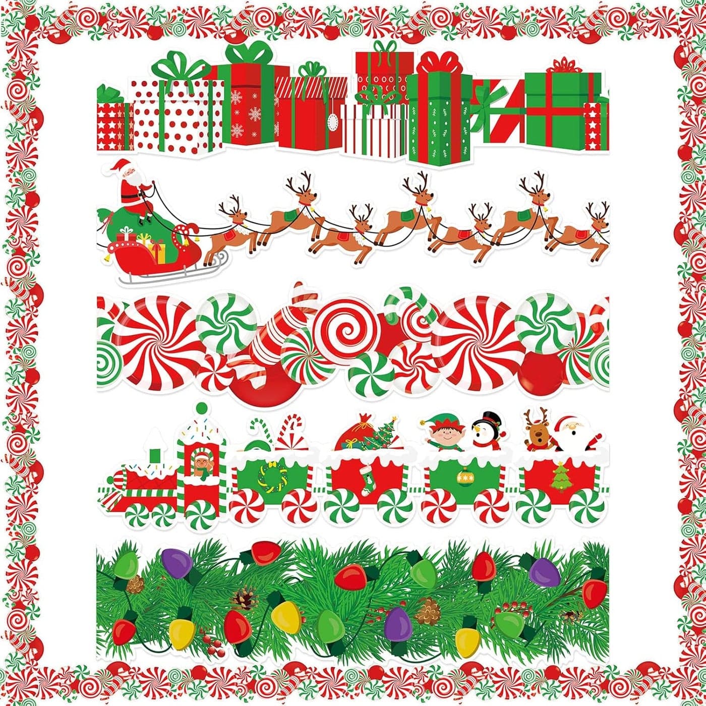 70 Pcs Christmas Bulletin Board Borders Christmas Border Santa Claus Snowman Elk Lights Gift Box Xmas Borders Decoration for Christmas Holiday Classroom Bulletin Board Border Wall Decors