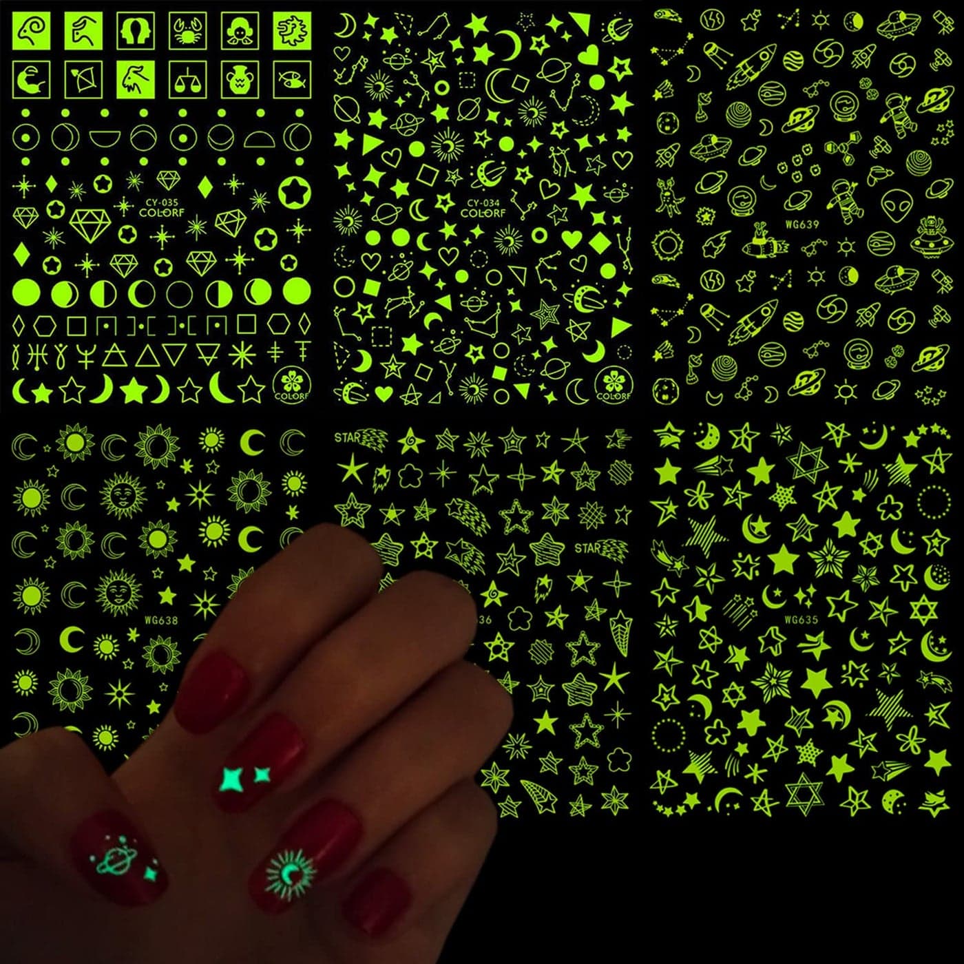 Luminous Nail Art Stickers Fluorescent Nail SelfAdhesive Decals Glow in The Dark Nail Art Design Sun Moon Stars Love Heart Nail Sticker Decoration for Women Girls Manicure 3D Nail Decal6 Sheets