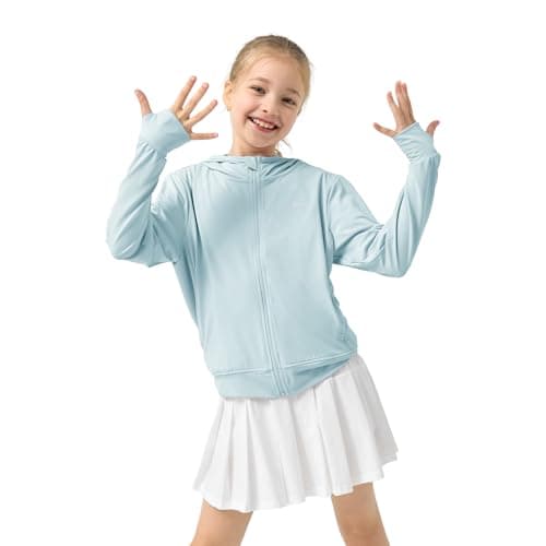 Rolanko Girls Zip Up Sun Hoodie with Thumb Holes, UV Protection Clothing for Kids Lightweight Athletic Jacket(Blue,11-12 Y)