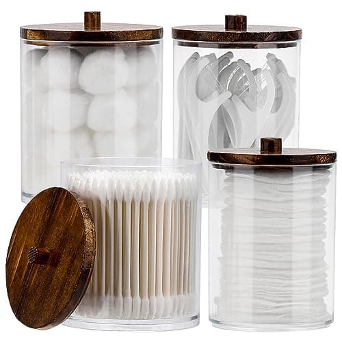 Tbestmax 4 Pack Qtip Holder Dispenser Cotton Ball, Cotton Swab, Floss - 12oz, 10 oz Clear Plastic Apothecary Jars for Bathroom Organizer and Storage Containers (Brown Wood Lids)