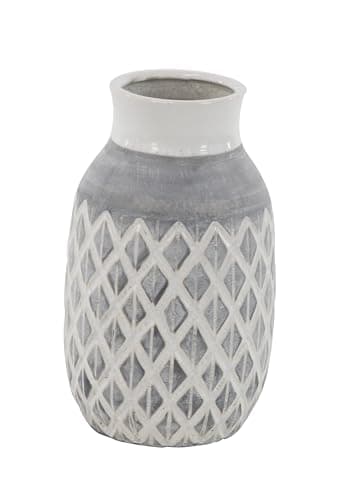 Deco 79 Ceramic Decorative Vase Centerpiece Vase with Diamond Pattern, Flower Vase for Home Decoration 7" x 7" x 13", White