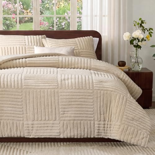 Amélie Home King Size Comforter Set with Stripe Jacquard Design, Khaki Fluffy King Bedding Set, Super Soft Plush Bedding Set for Winter,3 Pieces, 1 Soft Comforter and 2 Pillowcases