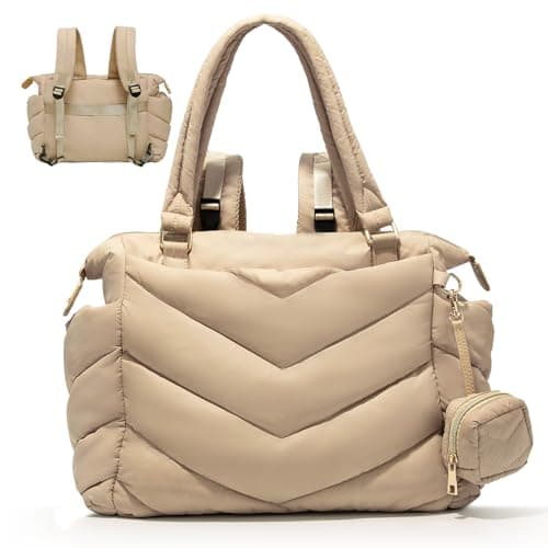 ILCOLPO Diaper Bag Tote Diaper Bag BackpackPuffer Tote Bag with Pacifier Case Lightweight Mommy for Hospital Puffy with 10 Pockets Convertible Baby for Travel Apricot