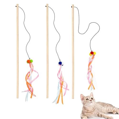 IUHKBH Cat Wand 3 PCS Interactive Kitten Toys Wooden Handle Kitten Teaser Toys with Bell Ribbon and Pom Poms Sturdy Cat Sticks