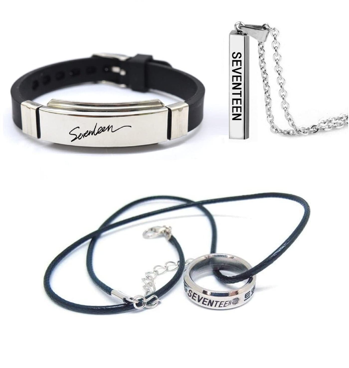 YiYiXiXi 3Pcs SEVENTEEN Gifts Set,SEVENTEEN Merch Necklace Wristband Ring for Fans(Silver)
