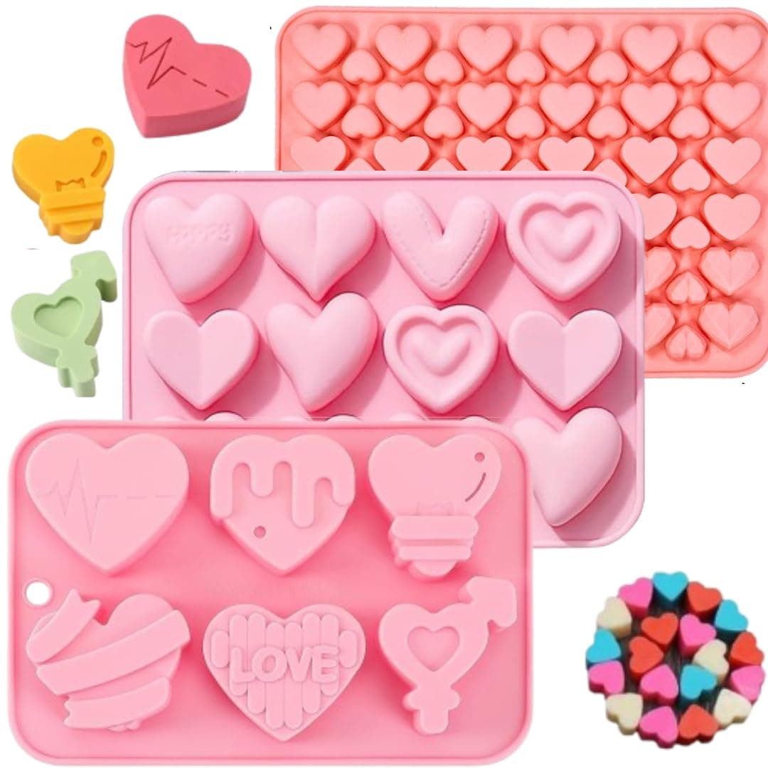 LEGACYCART 6 Slot Heart 12 Heart Mould and 66 Heart Silicone Mould for Valentines Day Baking Cake Cupcake Chocolate Candy Gummy Candle Ice Cubes Homemade Treats NonStick Soap Pack of 2