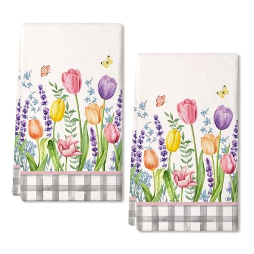 ARKENY Tulip Spring Kitchen Towels Dish Towels Set of 2Grey Buffalo Plaid Hand Towels 18x26 Inch Drying DishclothFarmhouse Home Seasonal Spring Decorations AD329