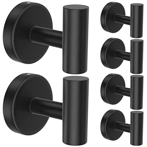 stusgo 6-Pack Black Towel Hooks, Towel Hook Wall Mounted, Matte Black Hooks for Bathroom, Stainless Steel Wall Hooks for Hanging, Modern Towel Hooks for Bathroom