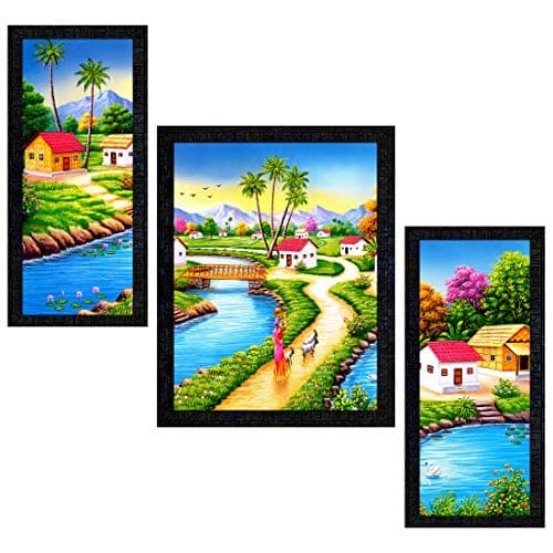 PNF Poster And Frames Hand Painted Landscape Scenery Framed Painting | Living Room, Bedroom | Home Decoration | Best Gifting Option | Set Of 3 (14x22inch) 1599