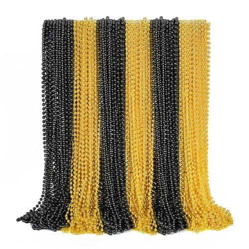 EOBOH 50PCS New Years Eve Bead Party Supplies Black Gold Bead Necklace 33 New Years Eve Beaded Necklaces Festival Mardi Gras Parade Throw Accessories for Halloween Trick or Treat Accessories