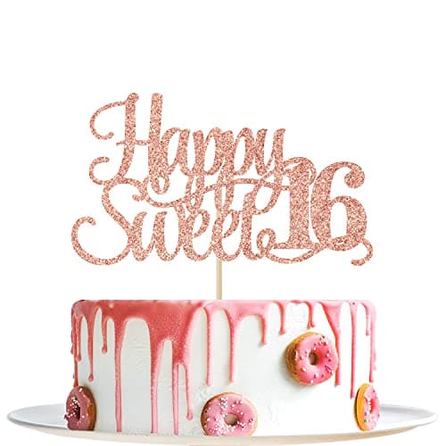 Rose Gold Glitter Happy Sweet 16 Cake Topper Happy 16th Birthday Cake Decor Hello 16 Cheers to 16 Years Birthday Party Decoration Supplies