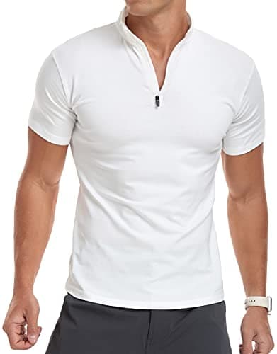 YTD Men's Classic Zip Up Short Sleeve Polo Shirts Casual Slim Fit Tops Basic Designed Cotton Shirts L White