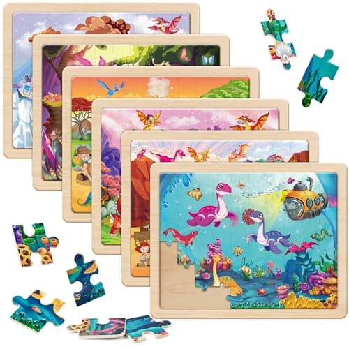 SYNARRY Wooden Dinosaur Puzzles for Kids Ages 46 6 Packs 60 PCs Jigsaw Puzzles Educational Toys Gifts for Children Ages 48 Easter Basket Stuffers Gifts Toys for Kids