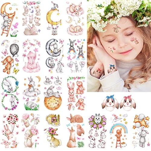 VIWIEU 20 Pack Small Kids Bunny Tattoos Temporary Rabbit Stickers for Girls and Boys Birthday Party Favors, Waterproof Easter Basket Goodie Bag Fillers Decorations Christmas Stocking Stuffers