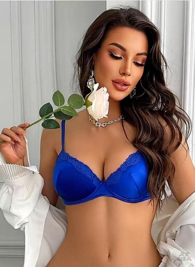 Blue Lace Trim Padded Wired Regular Bra