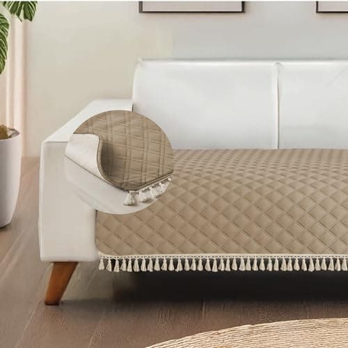 Urban Space 1 Seater Microfiber Quilted Sofa Cover mat with Tassels, Easy Care & Machine Washable Cover, Anti-Slip Backing Sofa Seat Runner for Couch for Living Space (1 Seater - Soft Brown)