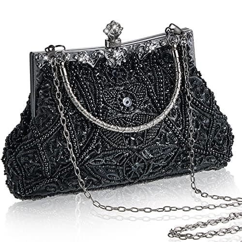 Amylove 1920s Vintage Beaded Clutch Evening Bag Formal 1920s Accessories for Women Wedding Party Gift, 8.66" x 5.31" x 2.95"(Black)