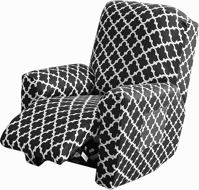 House of Quirk Recliner Slipcover 4 Pieces Stretch Printed Chair Covers with Side Pocket Recliner Sofa Couch Cover Anti-Slip Fitted Recliner Cover Furniture Protector - Black Diamond