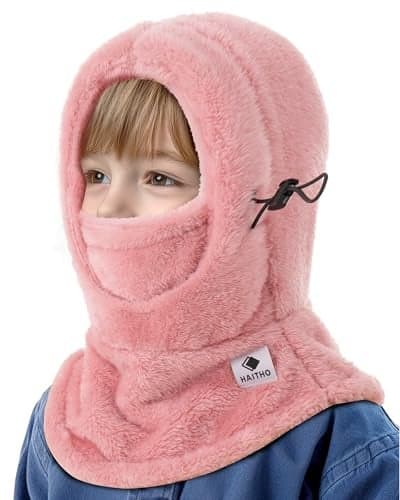 Kids Ski Mask Balaclava for Boys Girls, 2 Size Thermal Fleece Winter Face Mask Hat for 2-12 Kids Toddler, Warm Balaclava Hood Neck Scarf for Cold Weather Skiing Cycling Daily Use-04 Pink