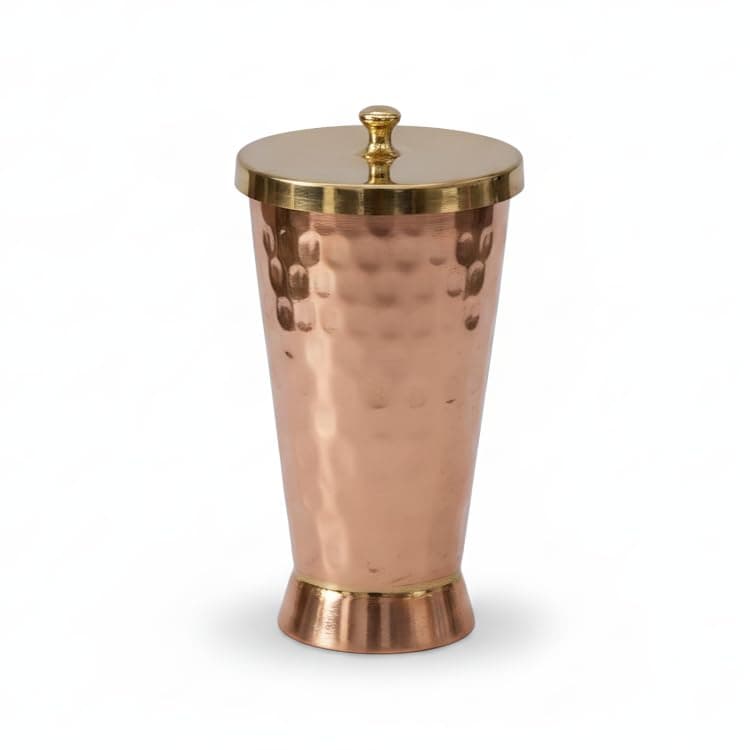 P-TAL Tumbler with Lid Serving Copper Glass with Brass Lid Tamba Glass with Ayurvedic Health Benefits Ptal Brass and Copper Utensils (600 ml Tumbler Glass)