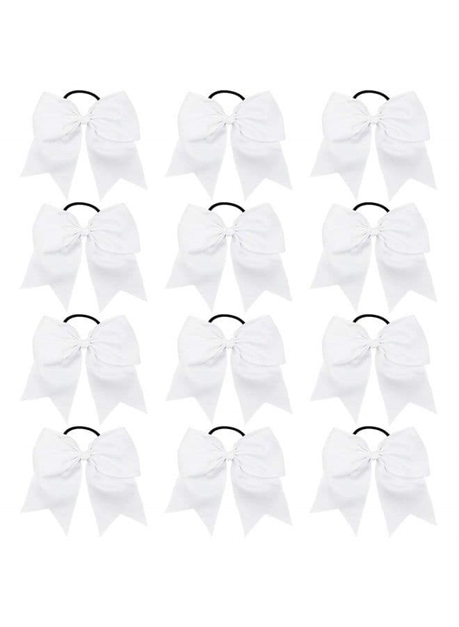 12PCS 8" Large Cheer Hair Bows Ponytail Holder Handmade for Teen Girls Softball Cheerleader Sports-White