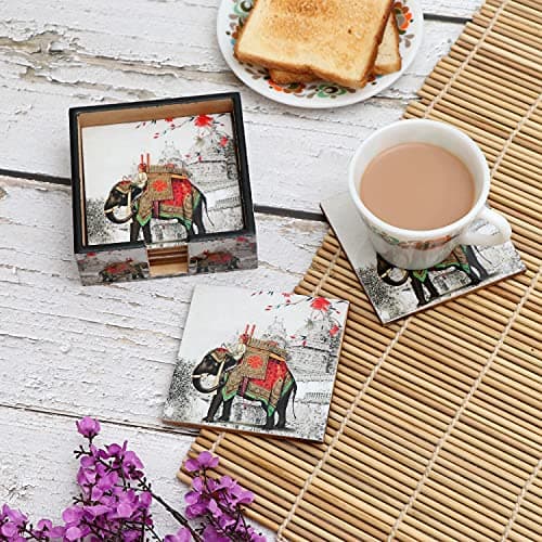 DULI Set of 6 MDF Wood Tea Coasters with Stand (10 * 10 cm) (Red-WhiteElephant)