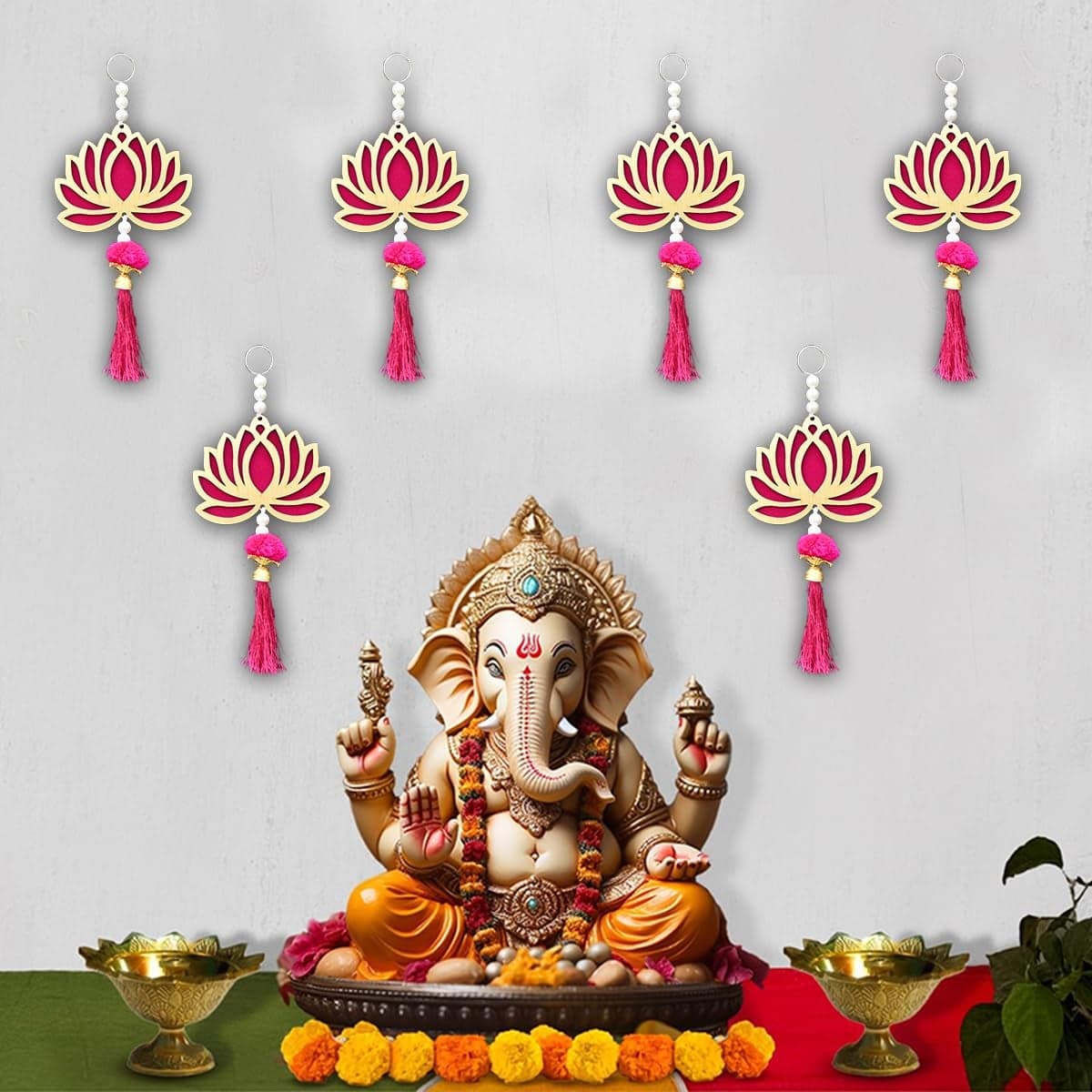 Saugat Traders Handmade Wall Decor Lotus Hangings for Decoration Home Decor Festival Ganesh Puja Floral Wall Hangings Latkan Pooja Room | Diwali Backdrop Decorations Items (Pack of 10)