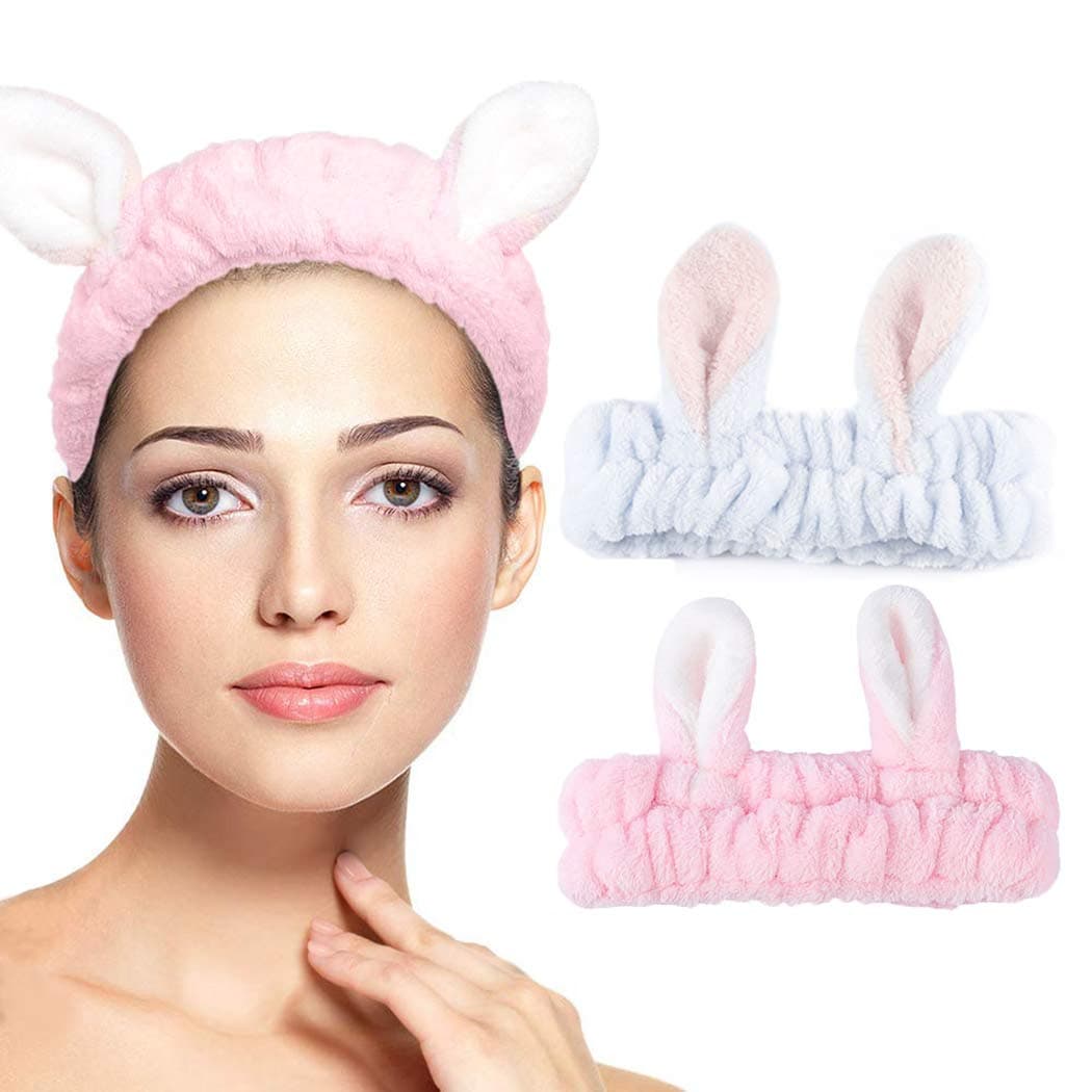 Chennie Bunny Ears Spa Makeup Headband Pink Animal Elastic Hair Bands Washing Face Shower Hair Wrap Hair Accessories for Women and Girls Pack of 2 PinkBlue Rabbit