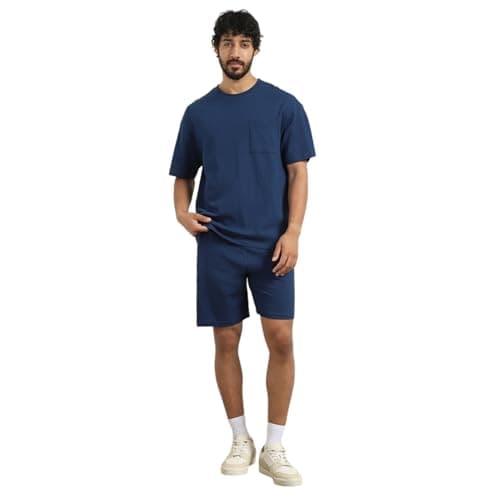 NOBERO Men's Cotton Blend Hudson Navy Oversized Casual Style T-Shirt & Shorts Co Ord Set(1M-Lwcs-R0080-Nb4_Navy Blue_Large)