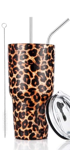 30oz Leopard Tumbler Stainless Steel Insulated Travel Mug with Straw Lid Cleaning Brush 30 oz Leopard 1 Count Pack of 1
