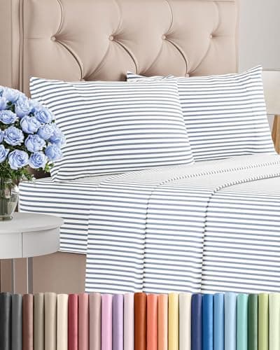Twin 4 Piece Sheet Set - Comfy, Breathable & Cooling - Soft Hotel Luxury Bedding for Women, Men, Kids, Teens and Children - 1 Flat & 1 Fitted Sheet & 2 Pillowcases with Deep Pockets - Blue Stripes 2