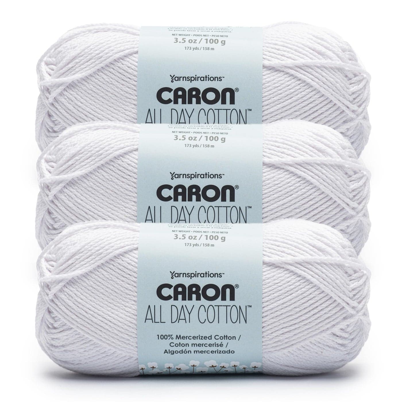 Caron All Day Cotton 3 Pack of 173 Yards352 oz White Shirt 100 Mercerized Cotton Yarn