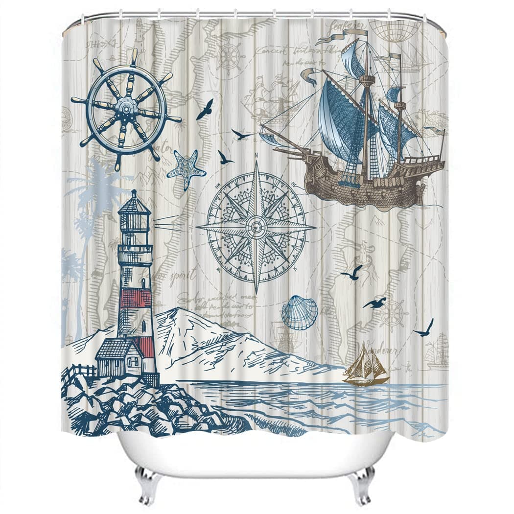 CYREKUD 72 x 72 Nautical Sailboat Map Shower Curtain Rustic Lighthouse Compass Scene Bathroom Set Boys Girls Pirate Ship Home Bath Bathtub Decor Durable Fabric Machine Washable with 12 Hooks