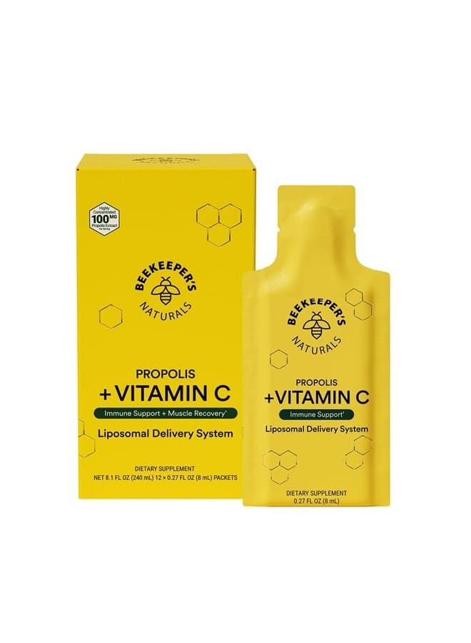Propolis Liposomal Vitamin C by Beekeeper's Naturals, 1000mg Vitamin C, Propolis & Organic Honey, Supercharged Immune Support & Increased Bioavailibity for Max Absorption, 12 Ct