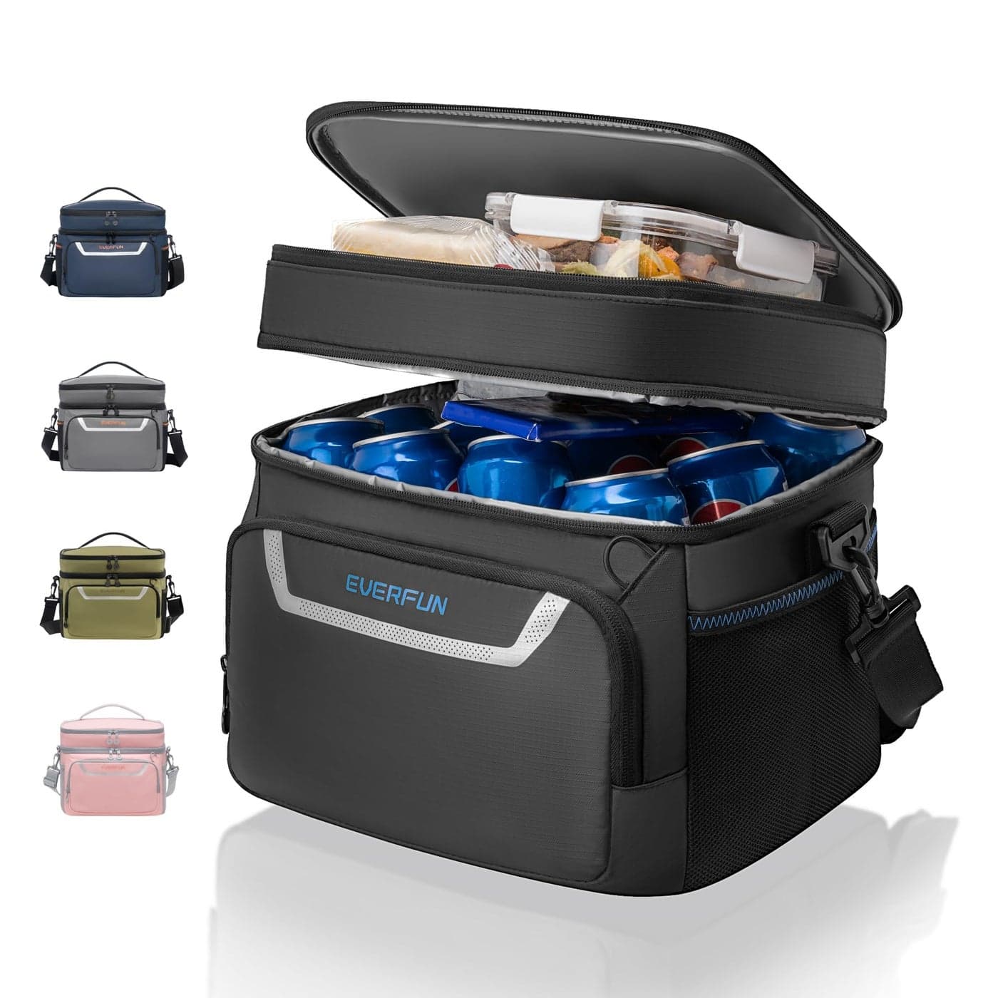 EVERFUN Small Cooler Lunch Box Mini LeakProof Soft Double Deck 24 Can Personal Insulated Collapsible Portable Waterproof Lunch Bag Ice Chest for Men Women Work Travel Car Picnic Beach Black
