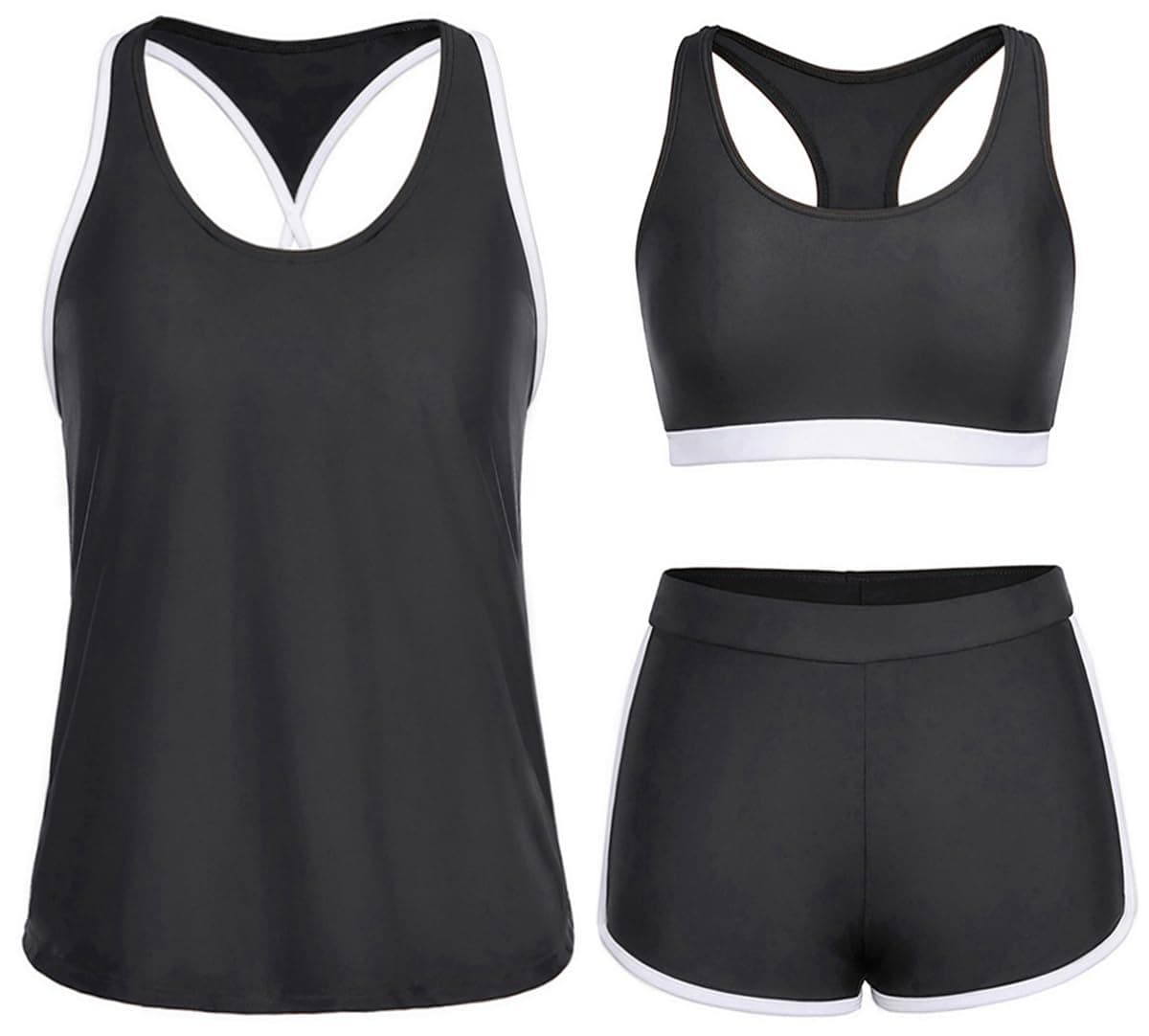 Yonique 3 Piece Athletic Tankini Swimsuits for Women with Shorts Swim Tank Tops with Sports Bra and Boyshorts Bathing Suits XXL Black White
