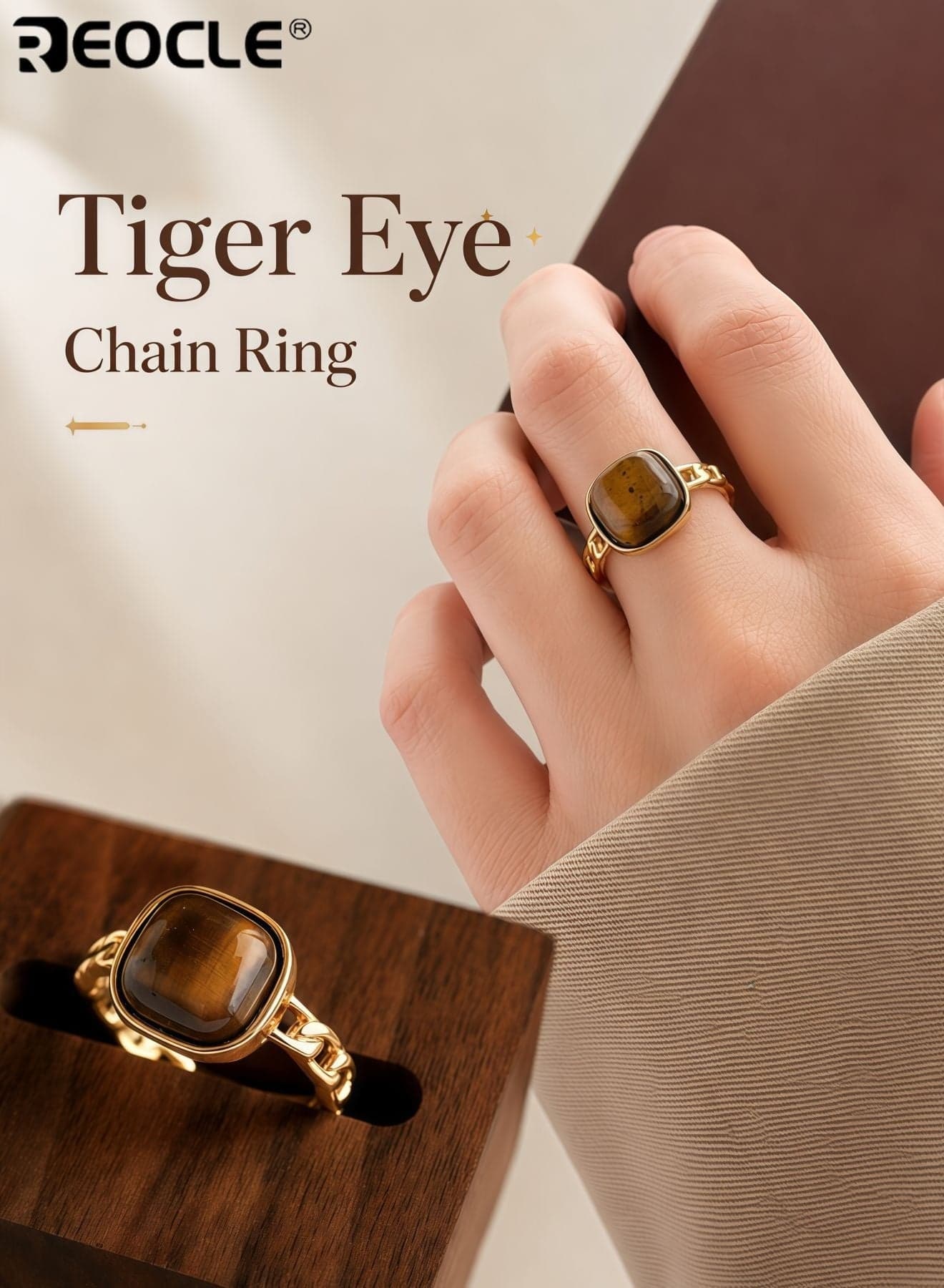 Women's Ring Vintage-Inspired Geometric Tiger's Eye Statement Ring Ornate Band Design for Renaissance-Themed & Elevated Daily Styling