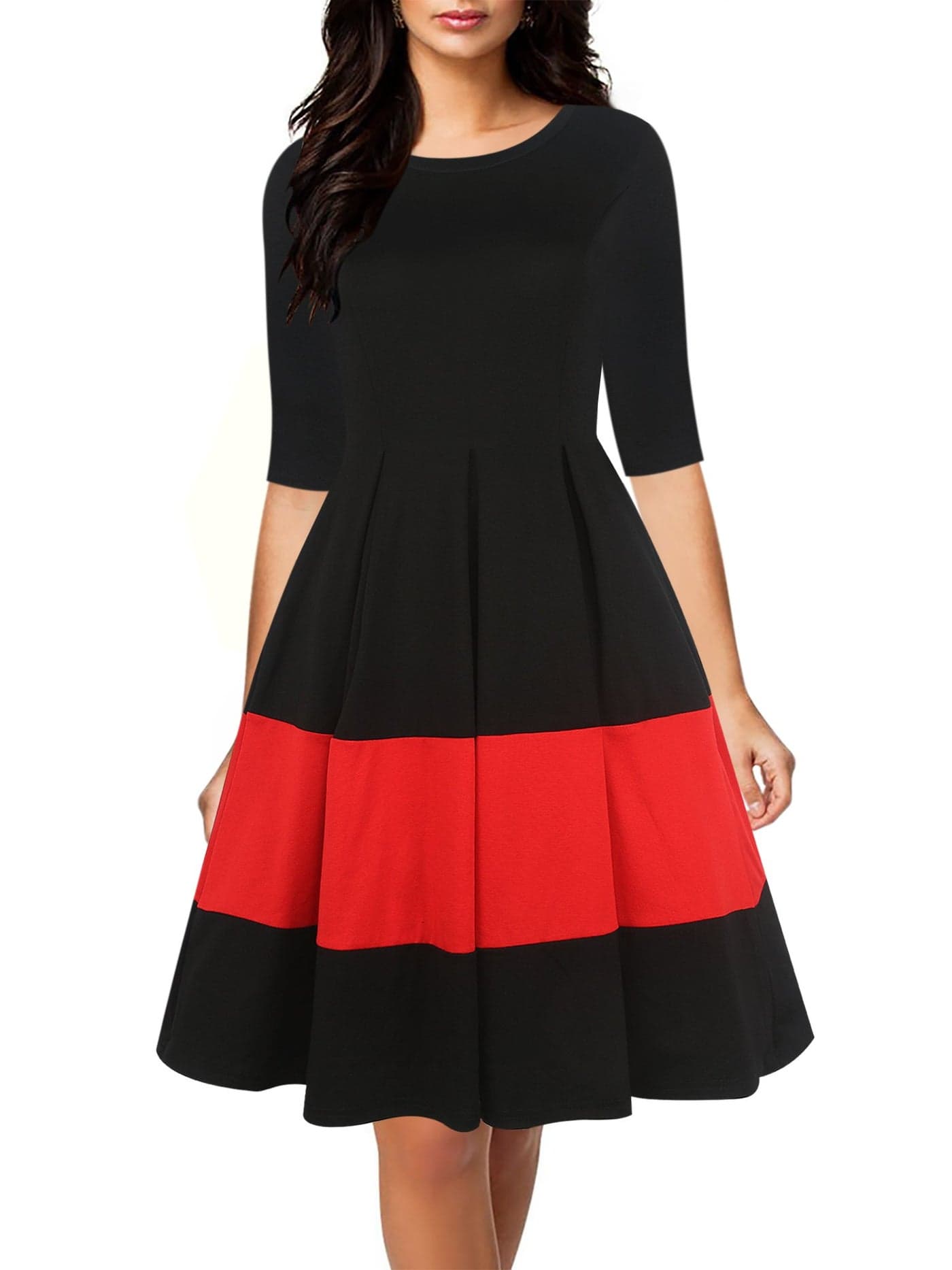oxiuly Women's Vintage Half Sleeve O-Neck Contrast Casual Pockets Party Swing Dress OX253 (Black, L)