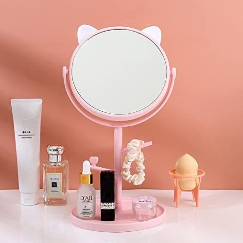 Mockery Desk Cute Cat Ears Shape Vanity Mirror for You in Bathroom or Bedroom, Desk Mirror for Makeup & Freestanding, Folding Design for Tabletop (Pastel Pink)