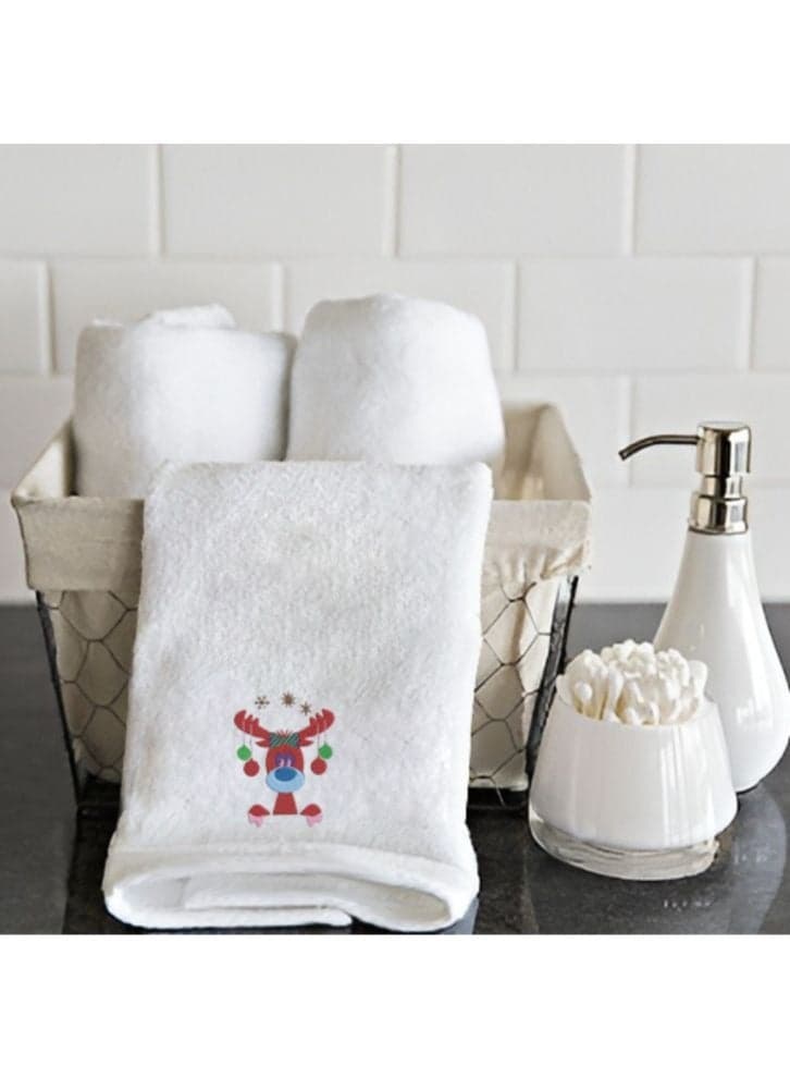 Embroidered For You (White) Luxury (Reindeer with Ornament) Personalized Hand Towel (50x80 Cm-Set of 1) Premium Cotton, Highly Absorbent and Quick dry Bath Linen-600 Gsm