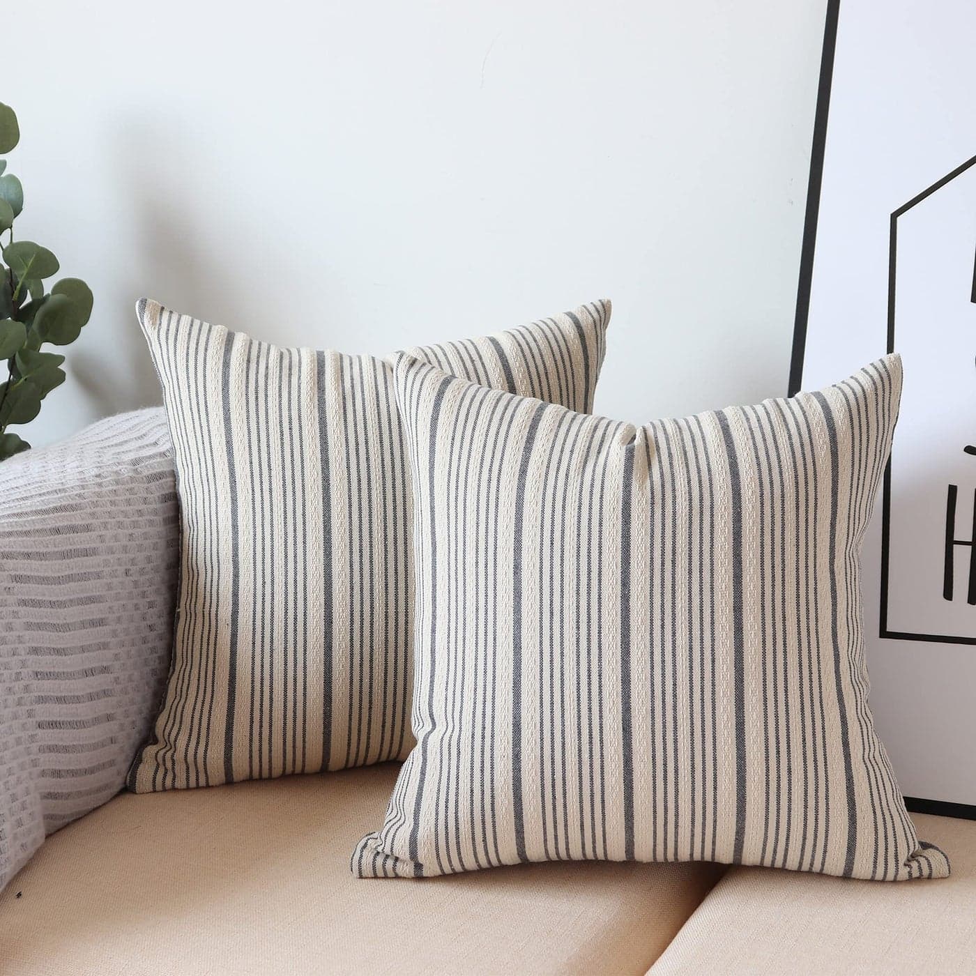 NAVIBULE Gray Pillow Covers Farmhouse Linen Throw Pillow Covers Striped Outdoor Decorative Square Throw Pillows for Couch Sofa Bed 18x18 in Pack of 2 Gray and Cream