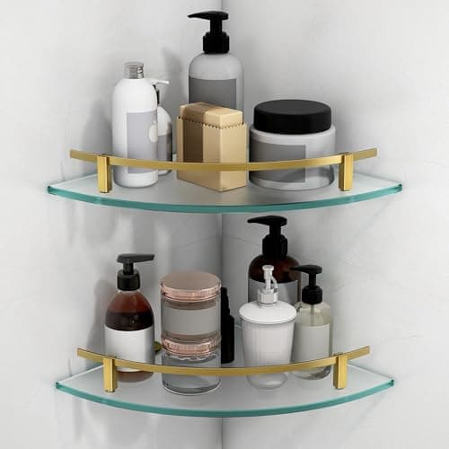 Plantex Bathroom Side Corner Glass Shelf/Kitchen Glass Corner Shelf/Living Room Wall Mount Shelf with Brass Antique Railings and Brackets (9x9 Inches, Pack of 2 - Frosted)