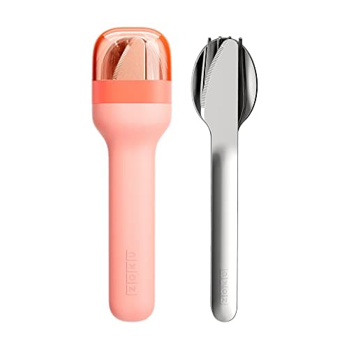Zoku Stainless Steel Pocket Utensil Set of 3 - Peach| Fork, Knife, Spoon in Travel Case| Reusable, Portable Cutlery Set Tableware for Adults, Kids, Office, Picnics, Camping, Outdoor, Home