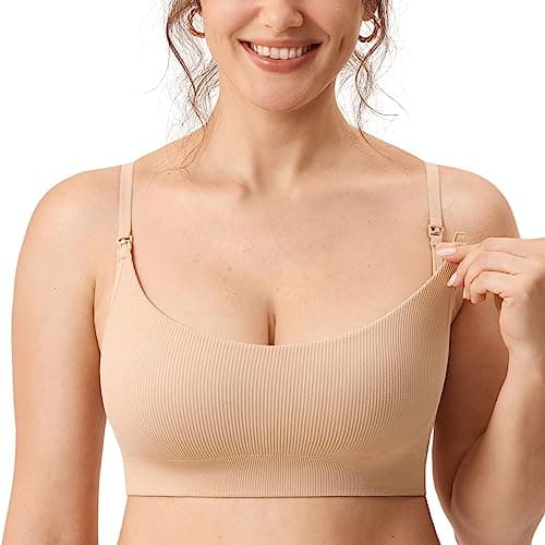 MOMANDA Ribbed Nursing Bras for Breastfeeding Support Maternity Sports Bra Wireless Seamless Sleep Bralettes Beige X-Large
