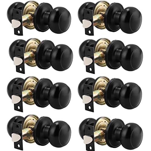 Probrico (8 Pack Round Passage Door Knob (Non-Locking Knobs), Keyless Doorknobs Interior/Exterior Door Lockset, Passage Knobs for Hallway/Closet, Black Finish Modern Design Door Hardware