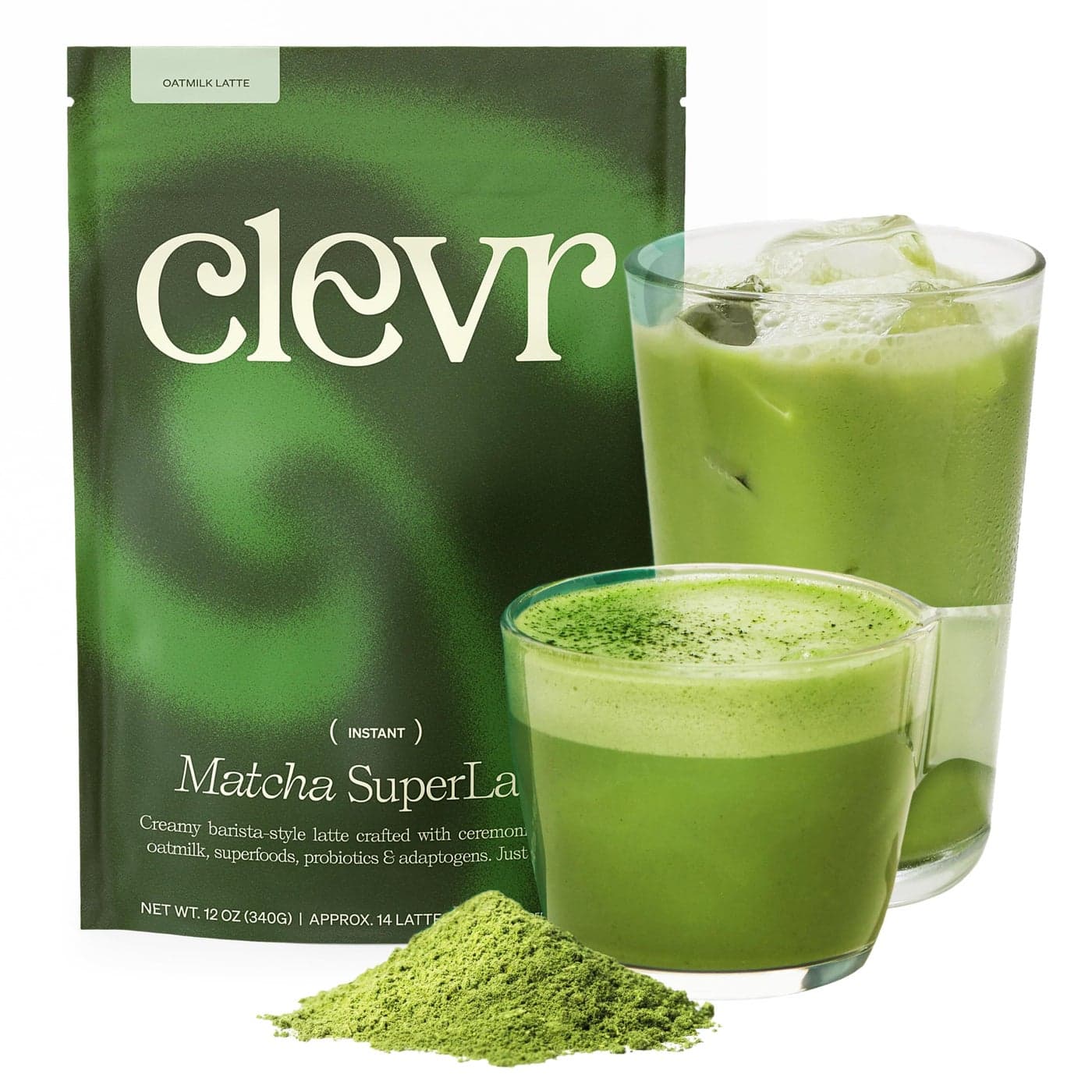 Clevr Blends Organic Matcha Green Tea Latte, Instant Ceremonial Grade Matcha, Superfood Powder Blend with Oat Milk, Lions Mane, Reishi Mushroom, Coconut Cream, Ashwagandha, Serve Hot or Iced, 12 oz