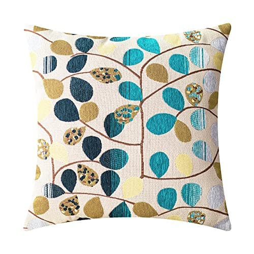 CaliTime Throw Pillow Covers Luxury Chenille Cute Leaves Decorative Cushion Case Shell for Couch Sofa Home 18 X 18 Inches Ecru Teal Gray