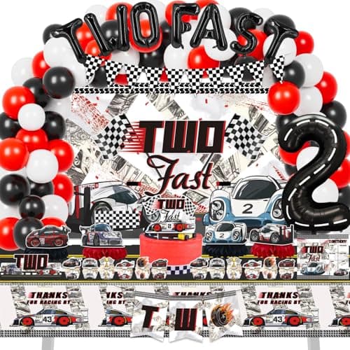 Mpanwen Two Fast Birthday Decorations for Boys 153 Pcs Race Car Birthday Party Supplies Backdrop Toppers Cupcakes Wrappers Tablecloth Flags Centerpiece Highchair Nanner Crown and Poster